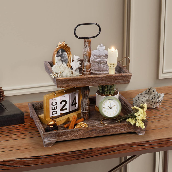 Loon Peak® Farmhouse Two Tiered Tray Wood Tiered Tray Decor, 2 Tier